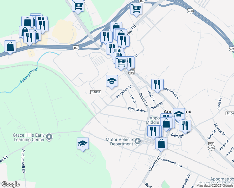 map of restaurants, bars, coffee shops, grocery stores, and more near 185 Learning Lane in Appomattox