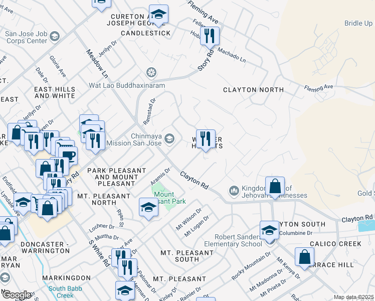 map of restaurants, bars, coffee shops, grocery stores, and more near 1253 Hickerson Court in San Jose