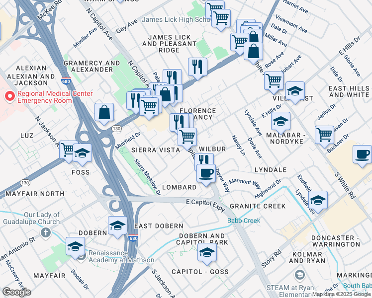 map of restaurants, bars, coffee shops, grocery stores, and more near 2604 Declaration Drive in San Jose