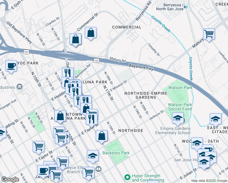 map of restaurants, bars, coffee shops, grocery stores, and more near 783 North 18th Street in San Jose