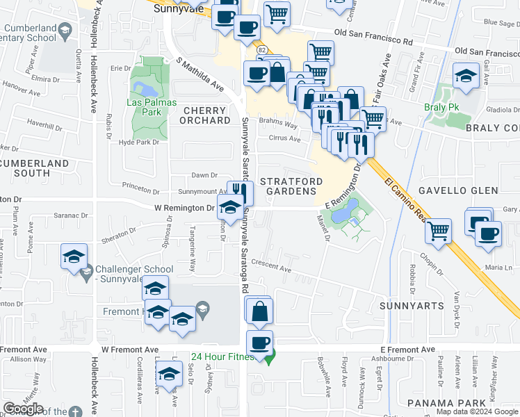 map of restaurants, bars, coffee shops, grocery stores, and more near 117 Macdowell Terrace in Sunnyvale