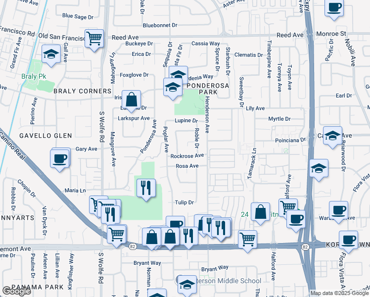 map of restaurants, bars, coffee shops, grocery stores, and more near 887 Poppy Court in Sunnyvale