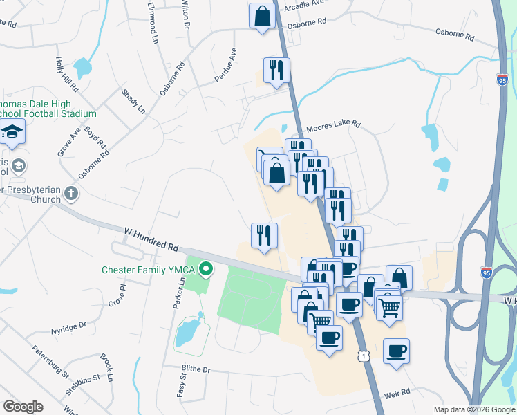 map of restaurants, bars, coffee shops, grocery stores, and more near 12228 Bermuda Crossroad Lane in Chester