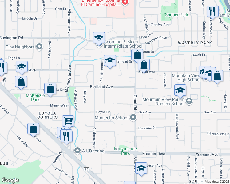 map of restaurants, bars, coffee shops, grocery stores, and more near 1325 Sunrise Court in Los Altos