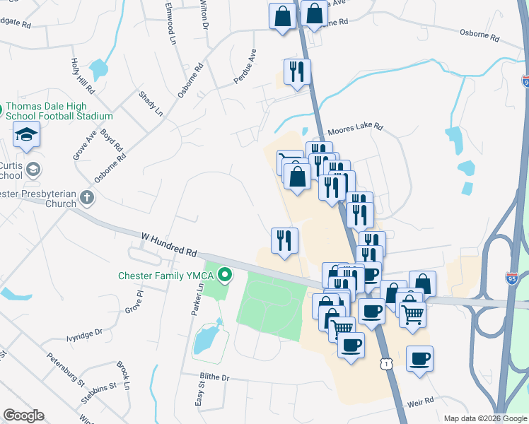 map of restaurants, bars, coffee shops, grocery stores, and more near 2932 Mountclair Road in Chester