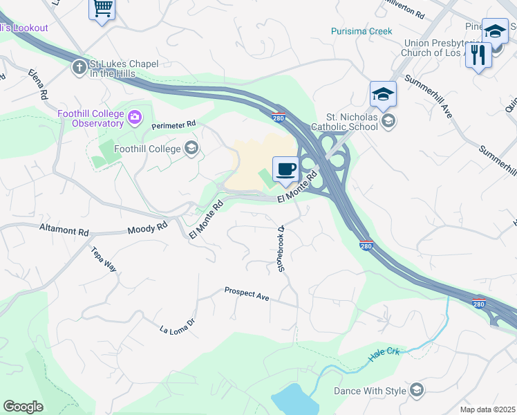 map of restaurants, bars, coffee shops, grocery stores, and more near 24985 Oneonta Drive in Los Altos Hills