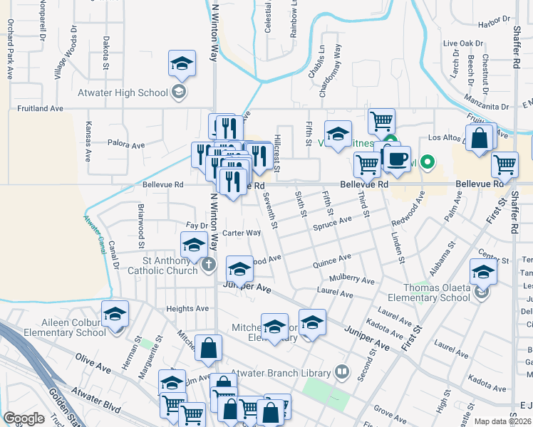 map of restaurants, bars, coffee shops, grocery stores, and more near 2631 Seventh Street in City of Atwater