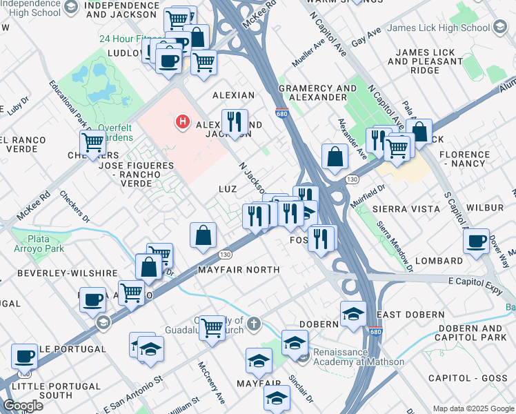 map of restaurants, bars, coffee shops, grocery stores, and more near 2254 Luz Avenue in San Jose
