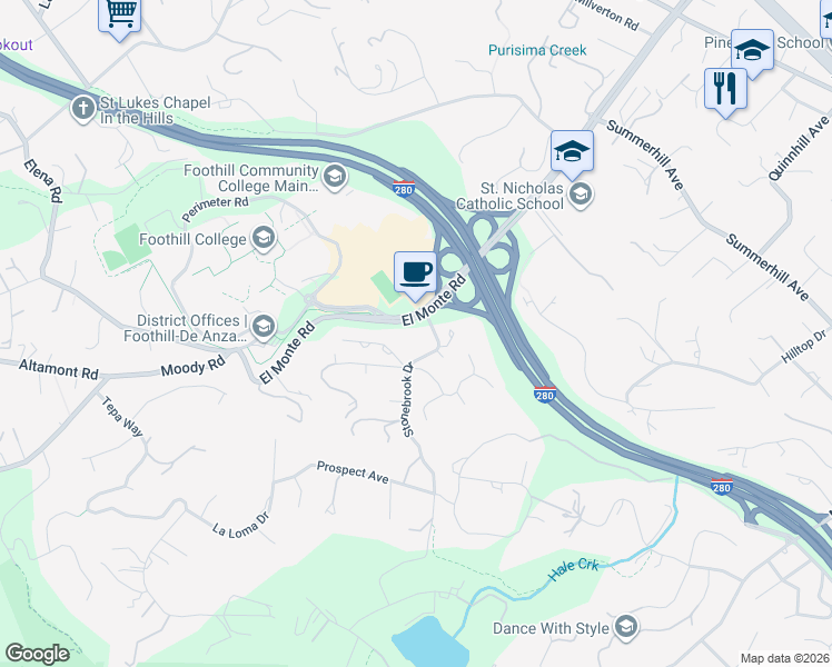 map of restaurants, bars, coffee shops, grocery stores, and more near 12451 Stonebrook Drive in Los Altos Hills