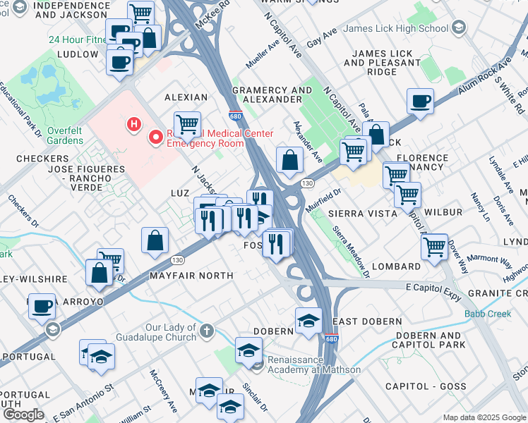 map of restaurants, bars, coffee shops, grocery stores, and more near 2370 Alum Rock Avenue in San Jose