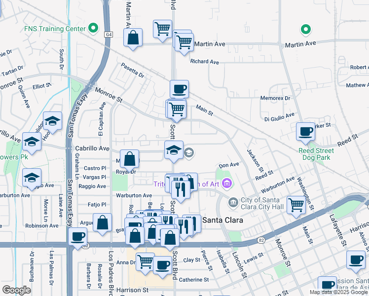 map of restaurants, bars, coffee shops, grocery stores, and more near 1876 Cabrillo Avenue in Santa Clara