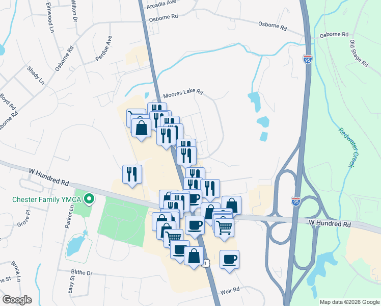map of restaurants, bars, coffee shops, grocery stores, and more near 2530 Redwater Creek Road in Chester