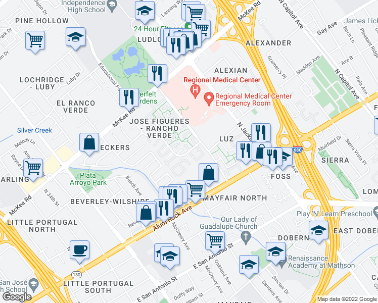 map of restaurants, bars, coffee shops, grocery stores, and more near El Rancho Verde Drive & Poas Circle in San Jose