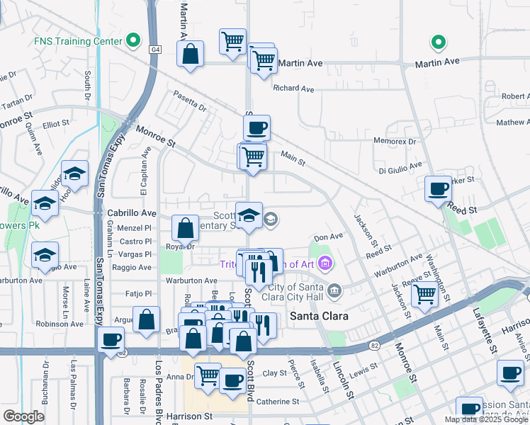 map of restaurants, bars, coffee shops, grocery stores, and more near 1876 Cabrillo Avenue in Santa Clara