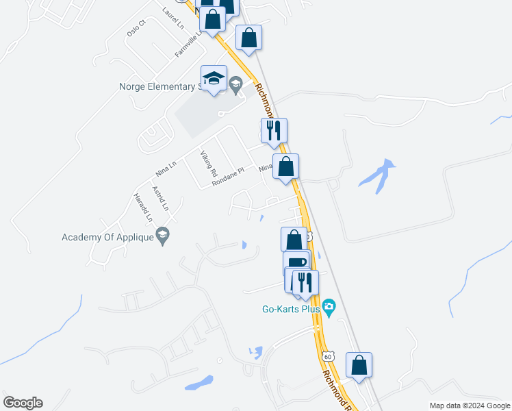 map of restaurants, bars, coffee shops, grocery stores, and more near 503 Rustads Circle in Williamsburg