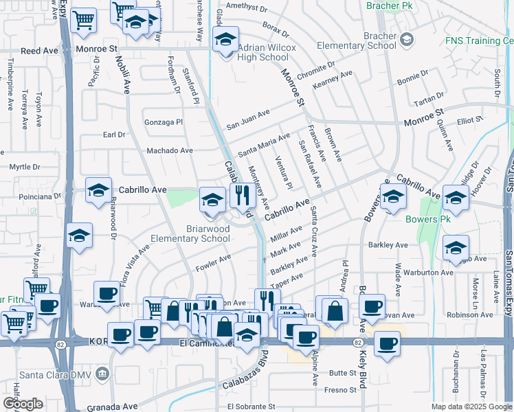 map of restaurants, bars, coffee shops, grocery stores, and more near 2121 Calabazas Boulevard in Santa Clara