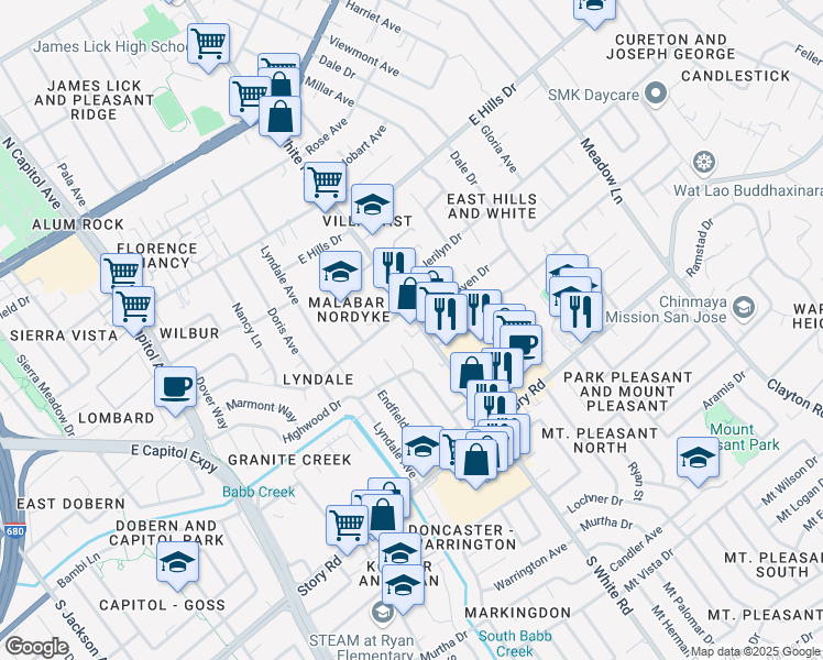 map of restaurants, bars, coffee shops, grocery stores, and more near 803 South White Road in San Jose