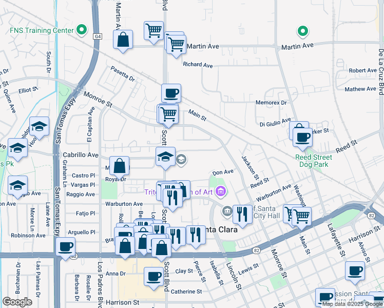 map of restaurants, bars, coffee shops, grocery stores, and more near 1724 Cabrillo Avenue in Santa Clara