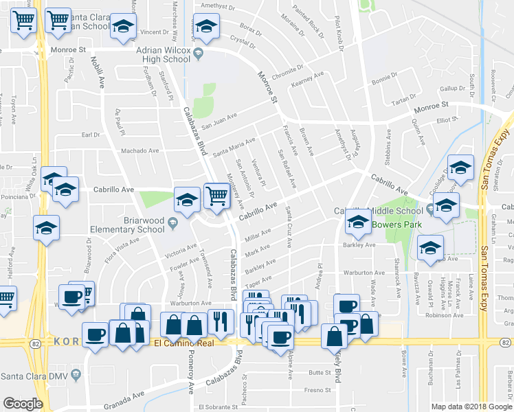 map of restaurants, bars, coffee shops, grocery stores, and more near 3163 Cabrillo Avenue in Santa Clara