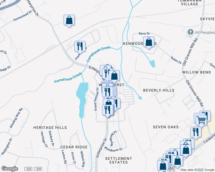 map of restaurants, bars, coffee shops, grocery stores, and more near 100 Northwynd Circle in Lynchburg