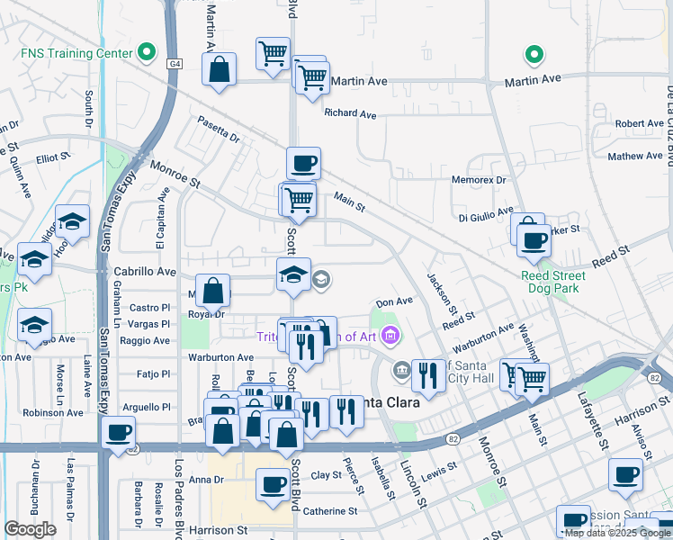 map of restaurants, bars, coffee shops, grocery stores, and more near 1724 Cabrillo Avenue in Santa Clara