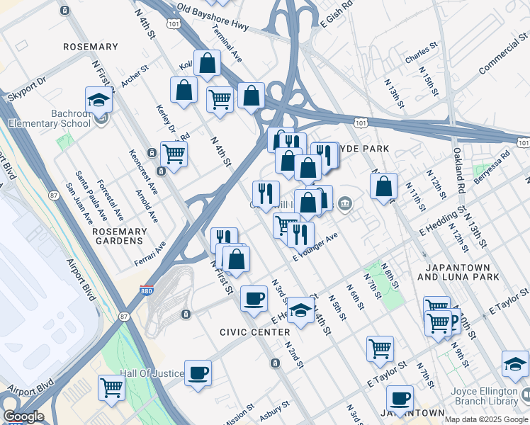 map of restaurants, bars, coffee shops, grocery stores, and more near 1117 North 4th Street in San Jose