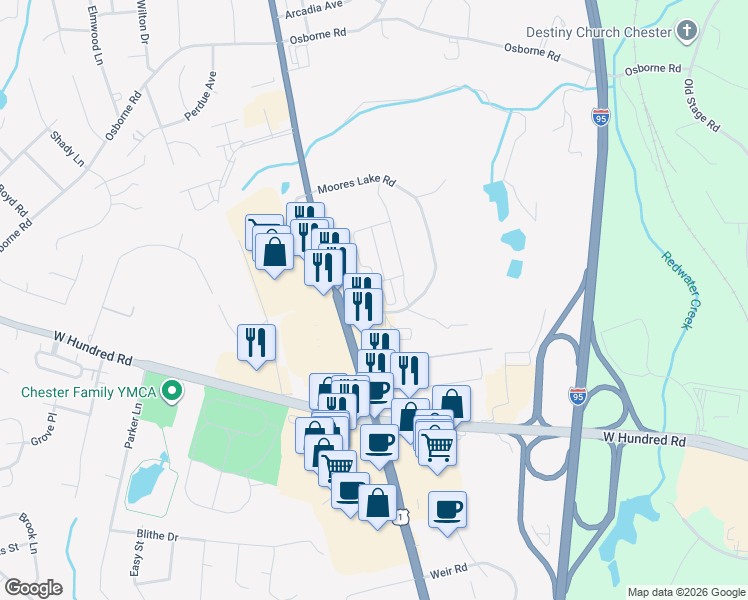 map of restaurants, bars, coffee shops, grocery stores, and more near 2530 Redwater Creek Road in Chester