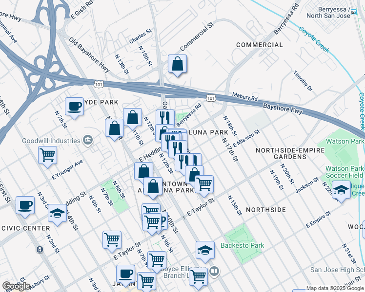 map of restaurants, bars, coffee shops, grocery stores, and more near 885 North 14th Street in San Jose