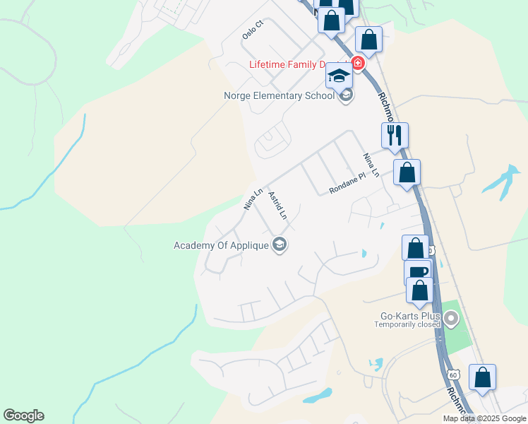 map of restaurants, bars, coffee shops, grocery stores, and more near 106 Haradd Lane in Williamsburg