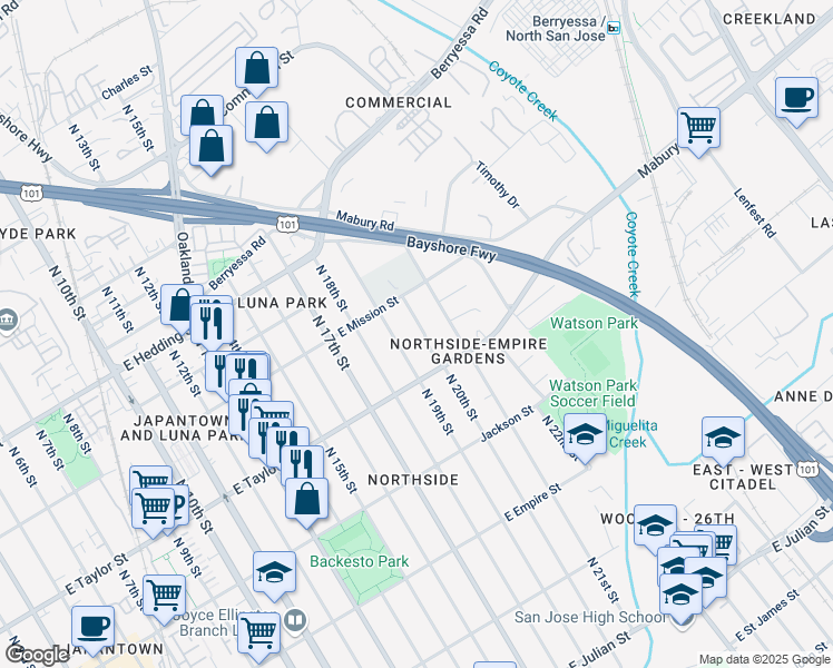 map of restaurants, bars, coffee shops, grocery stores, and more near 757 North 20th Street in San Jose