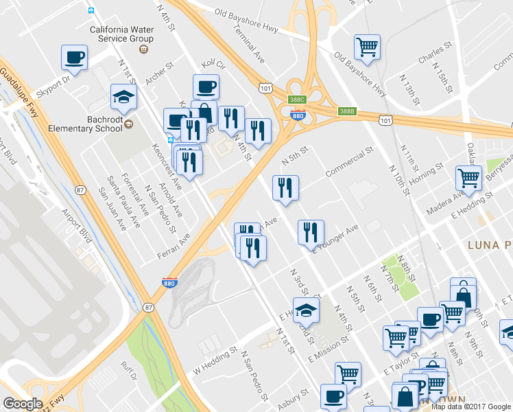 map of restaurants, bars, coffee shops, grocery stores, and more near 1161 N 4th St in San Jose