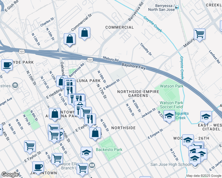 map of restaurants, bars, coffee shops, grocery stores, and more near 784 North 18th Street in San Jose