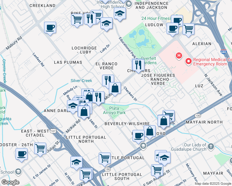 map of restaurants, bars, coffee shops, grocery stores, and more near 1743 Arroyo De Oro in San Jose