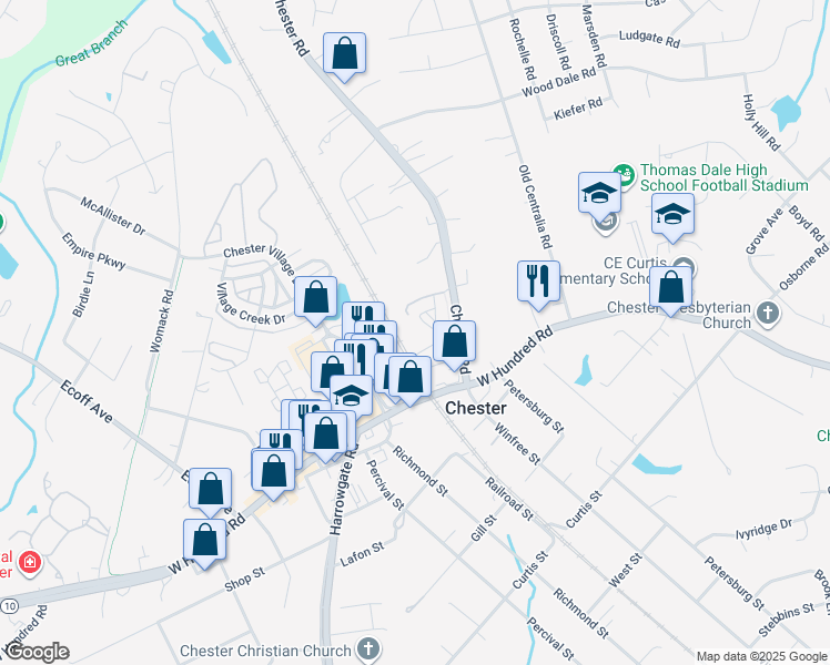 map of restaurants, bars, coffee shops, grocery stores, and more near 11814 Chester Road in Chester