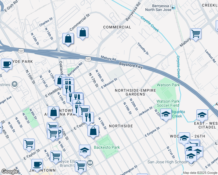map of restaurants, bars, coffee shops, grocery stores, and more near 784 North 18th Street in San Jose