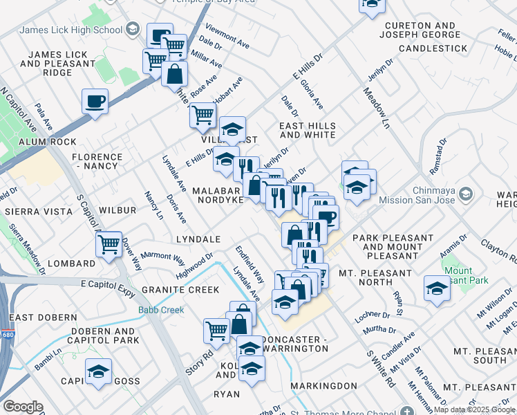 map of restaurants, bars, coffee shops, grocery stores, and more near 803 South White Road in San Jose