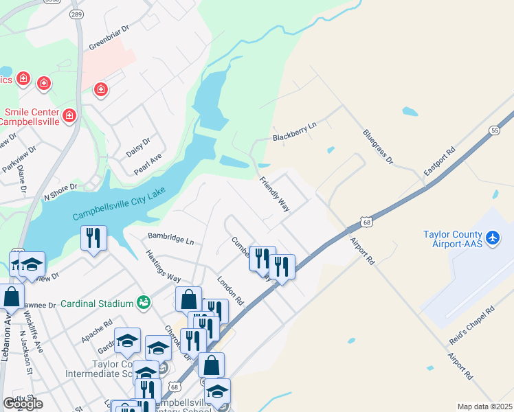 map of restaurants, bars, coffee shops, grocery stores, and more near 710 High Pine in Campbellsville