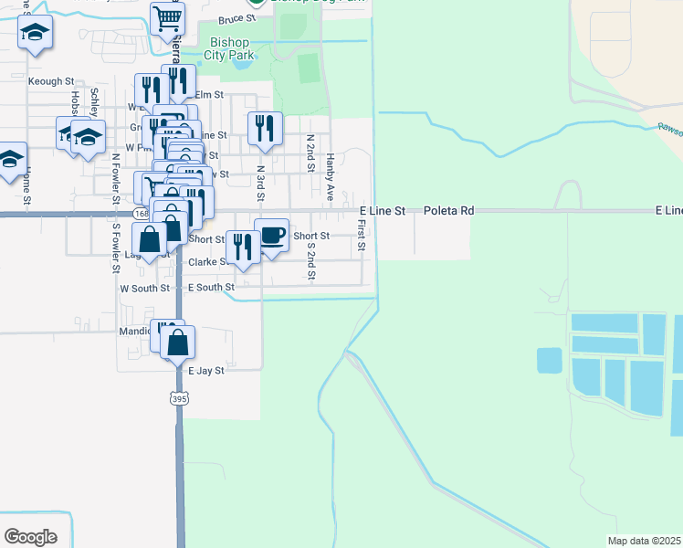 map of restaurants, bars, coffee shops, grocery stores, and more near 463 East South Street in Bishop