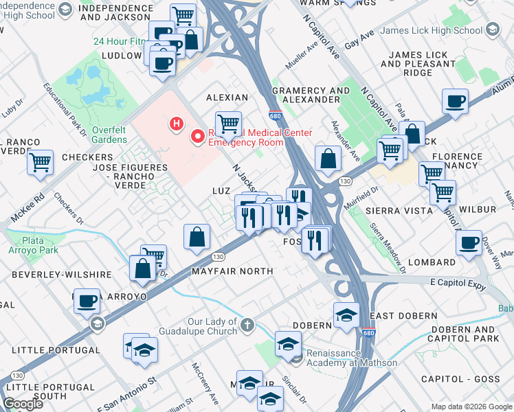 map of restaurants, bars, coffee shops, grocery stores, and more near 2254 Luz Avenue in San Jose