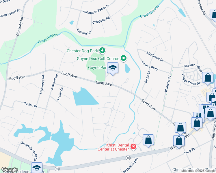 map of restaurants, bars, coffee shops, grocery stores, and more near 11300 Ellingshire Court in Chester