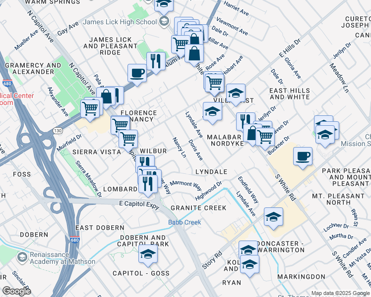 map of restaurants, bars, coffee shops, grocery stores, and more near 320 Nancy Lane in San Jose