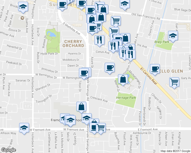 map of restaurants, bars, coffee shops, grocery stores, and more near 117 Macdowell Terrace in Sunnyvale