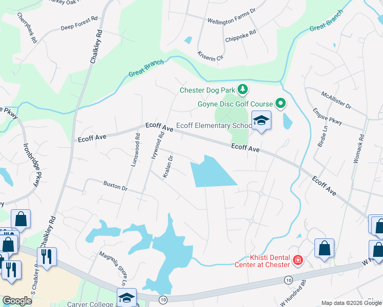 map of restaurants, bars, coffee shops, grocery stores, and more near 5410 Karma Road in Chester