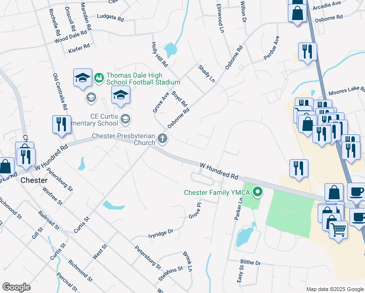 map of restaurants, bars, coffee shops, grocery stores, and more near 3301 West Grove Avenue in Chester