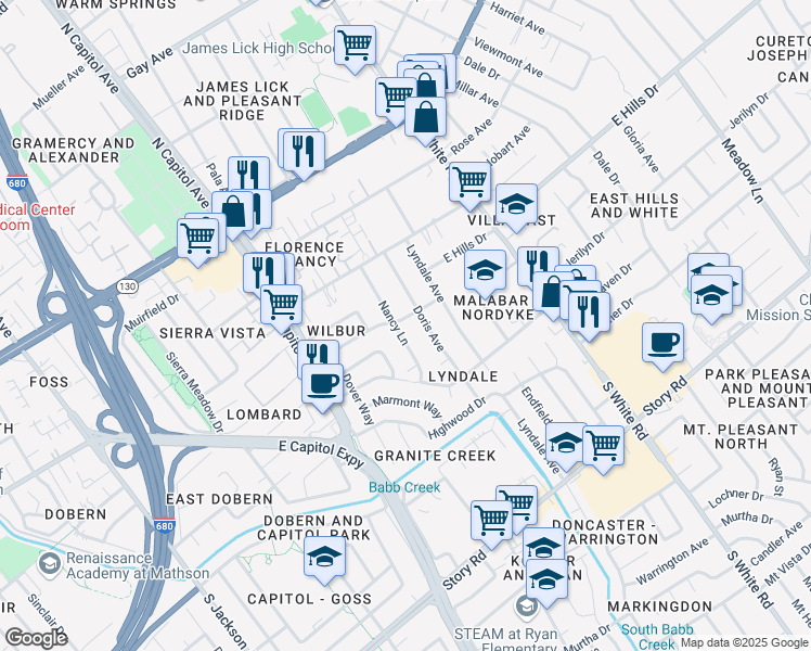 map of restaurants, bars, coffee shops, grocery stores, and more near 320 Nancy Lane in San Jose