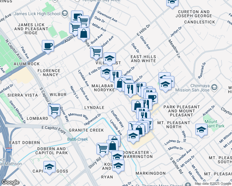 map of restaurants, bars, coffee shops, grocery stores, and more near 803 South White Road in San Jose