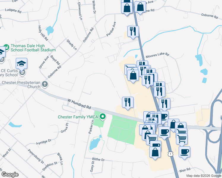 map of restaurants, bars, coffee shops, grocery stores, and more near 2941 Mountclair Road in Chester