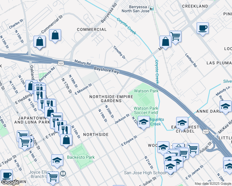map of restaurants, bars, coffee shops, grocery stores, and more near 1033 East Taylor Street in San Jose