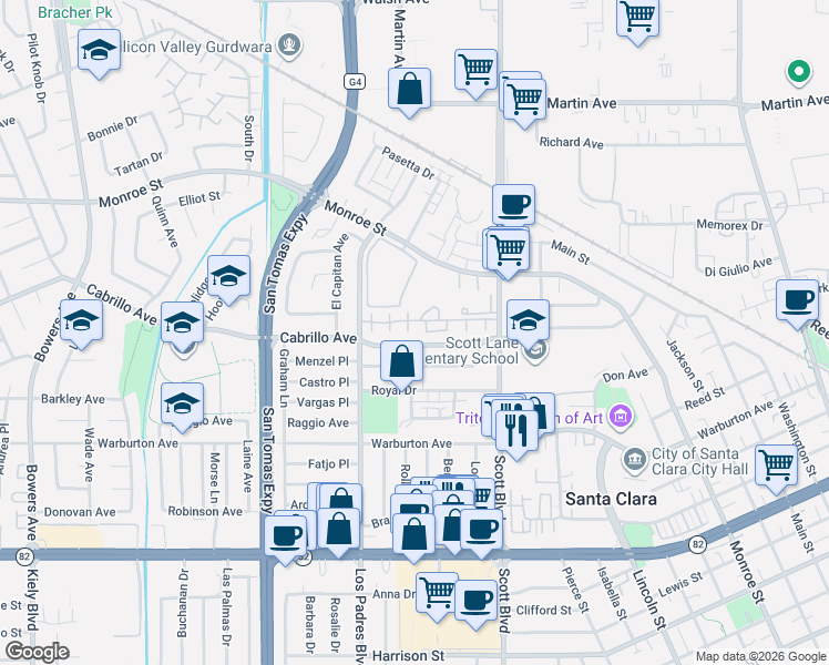map of restaurants, bars, coffee shops, grocery stores, and more near 2007 Eucalyptus Court in Santa Clara