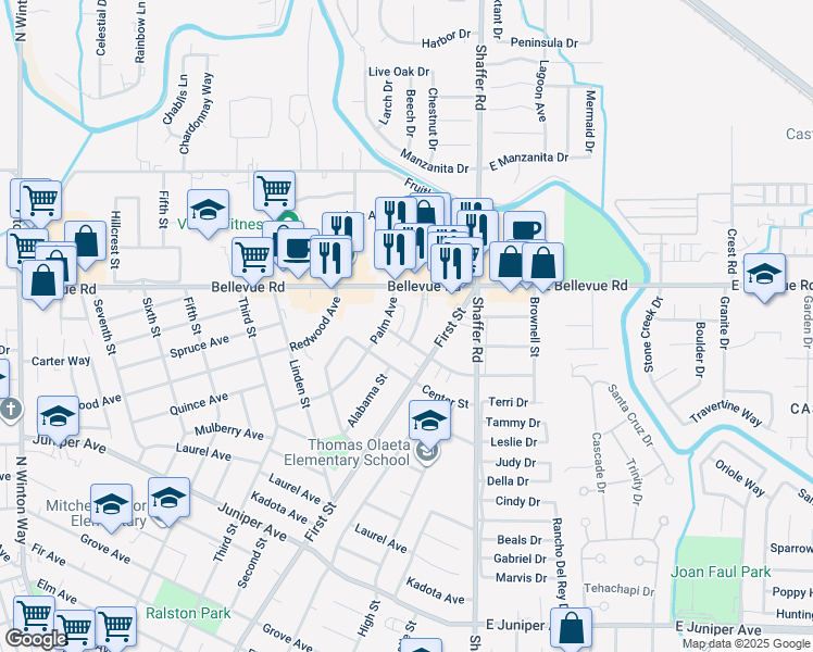map of restaurants, bars, coffee shops, grocery stores, and more near 559 Fortuna Avenue in Atwater